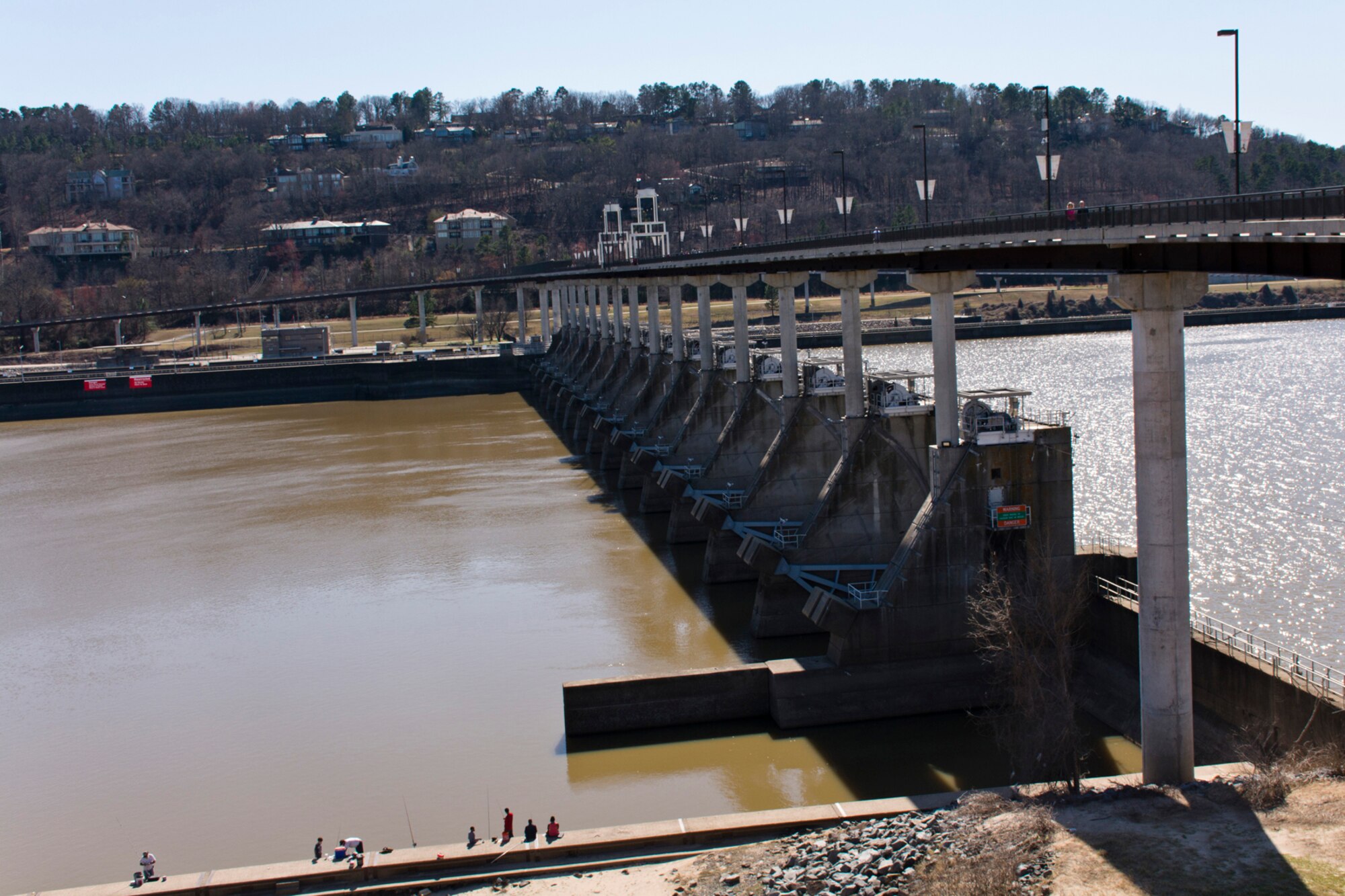 The Big Dam Bridge, which is mounted on top of the Murray Lock and Dam on the Arkansas River, hosts a bevy of runners, walkers and cyclists in Little Rock, Ark., Feb. 27, 2016. The bridge, which connects the cities of North Little Rock and Little Rock, Ark., received its uncommon name from Pulaski County Judge F.G. “Buddy” Villines, who was quoted to say, "We're going to build that dam bridge." (Courtesy photo by Jeff Walston)