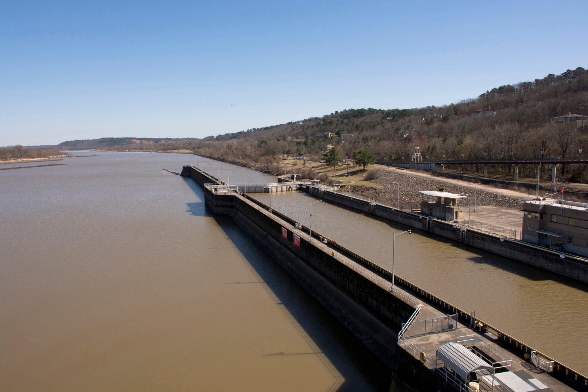 The locks of the Big Dam Bridge on the Arkansas River in Little Rock, Ark., Feb. 27, 2016. Incorporated into the dam is a set of locks allowing boats to transverse the river. The locks are operated by gravity and the manipulation of filling and draining valves. The bridge, constructed by the Little Rock District of the U.S. Army Corps of Engineers, contains three million pounds of steel and 20 million pounds of concrete. (Courtesy photo by Eva Walston)