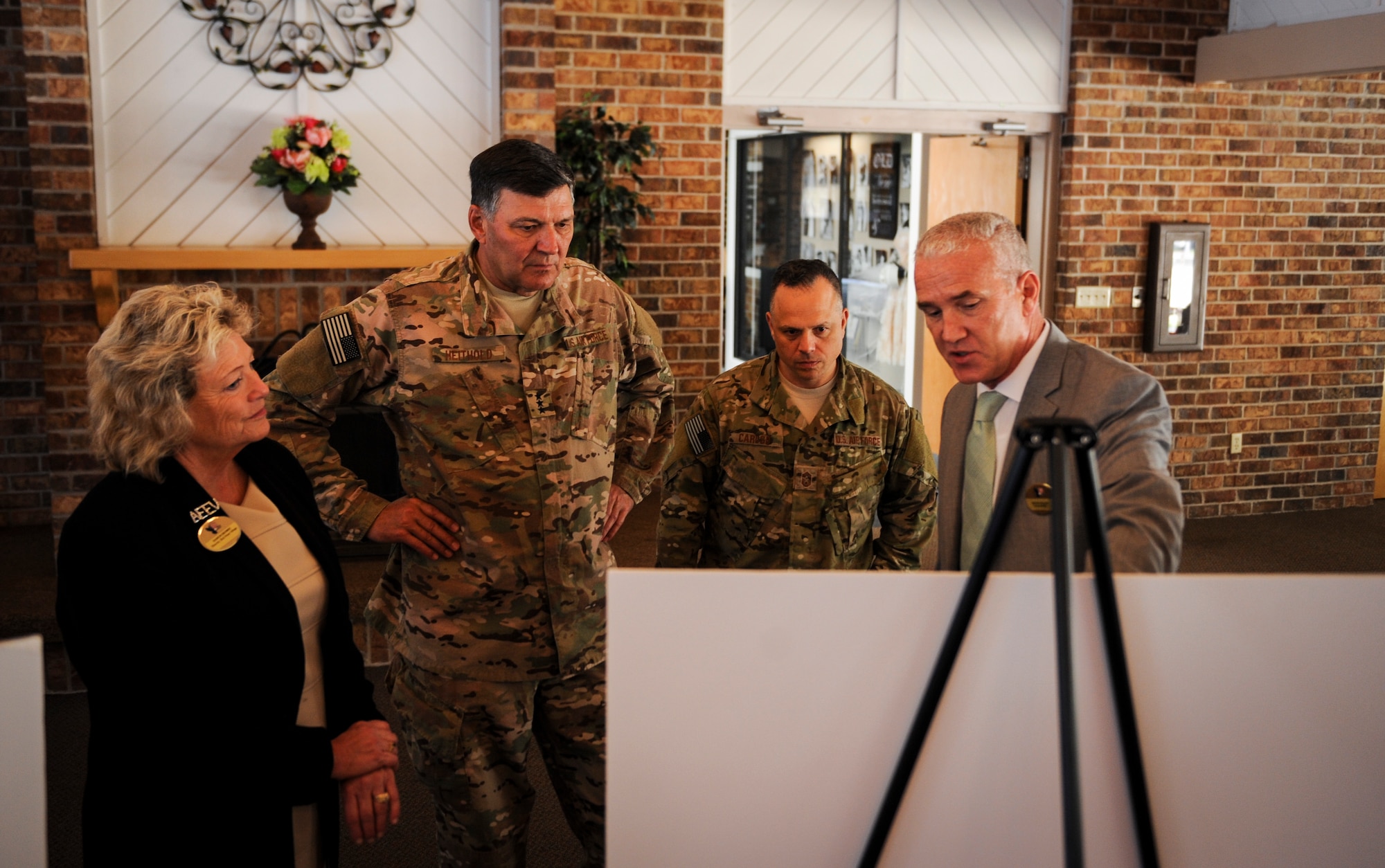 Air Force Special Operations Command leadership discuss future development plans at the Air Force Enlisted Village in Shalimar, Fla., March. 1, 2016. The AFEV is a nonprofit organization whose core mission is to provide a safe, secure home for surviving spouses of retired enlisted U.S. Airmen and is one of four charities included in the Air Force Assistance Fund campaign.  The AFSOC AFAF campaign will run from March 21 - April 29. (U.S. Air Force photo by Senior Airman Meagan Schutter)