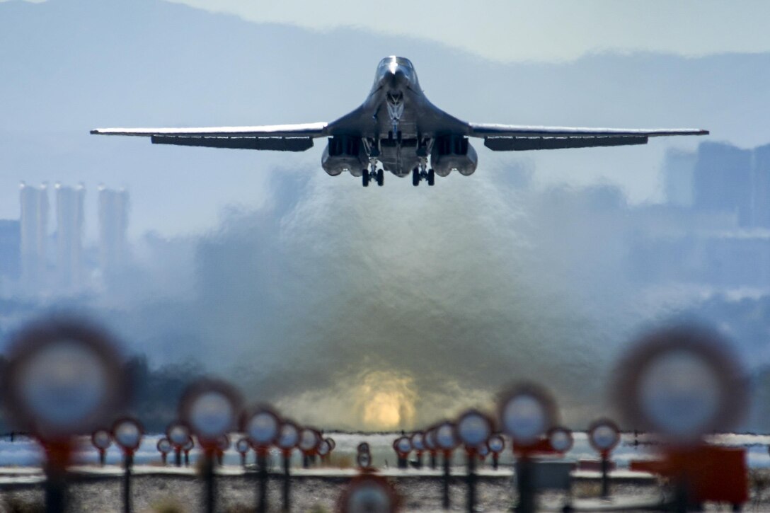 A B-1B Lancer takes off on the first day of Red Flag 16-2 on Nellis Air Force Base, Nev. Feb. 29, 2016. The Lancer is assigned to the 28th Bomb Wing. Air Force photo by Airman 1st Class Keven Tanenbaum

