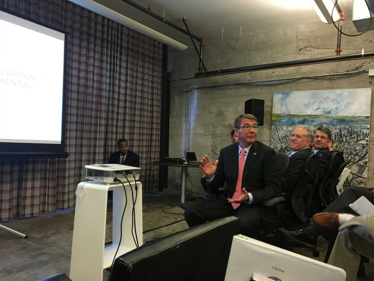 A representative from venture-capital-backed startup Bromium gives Defense Secretary Ash Carter and other DoD leaders a technology overview during their visit to Silicon Valley, March 1, 2016. The company, based in Cupertino, Calif., works with virtualization technology, focusing on virtual hardware to eliminate everyday computer threats such as viruses, malware and adware. DoD photo