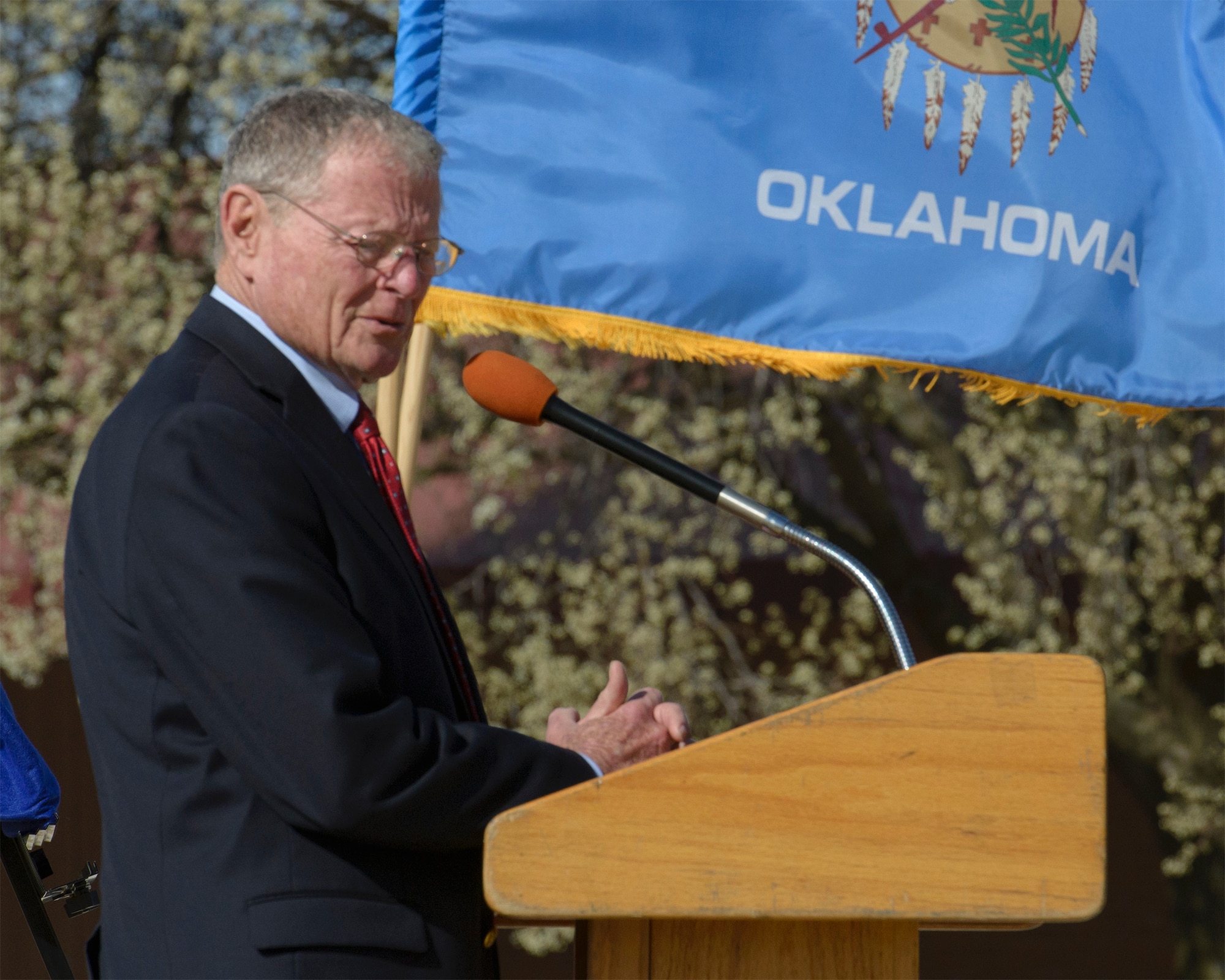 U.S. Sen. Jim Inhofe of Oklahoma speaks at Vance Air Force Base, Oklahoma, March 4. Inhofe was on hand to help dedicate Vance's Inhofe Air Traffic Control Tower, the pilot training base's newest aviation facility. (U.S. Air Force photo / David Poe)