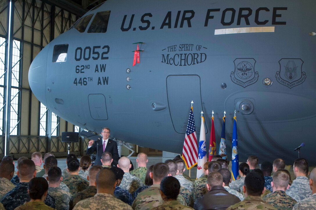 Defense Secretary Ash Carter addresses troops during a visit to Joint Base Lewis-McChord, Wash., March 4, 2016. Carter said service members constitute a significant asset as the military faces challenges and rebalances to the Asia-Pacific region. DoD photo by Navy Petty Officer 1st Class Tim D. Godbee 