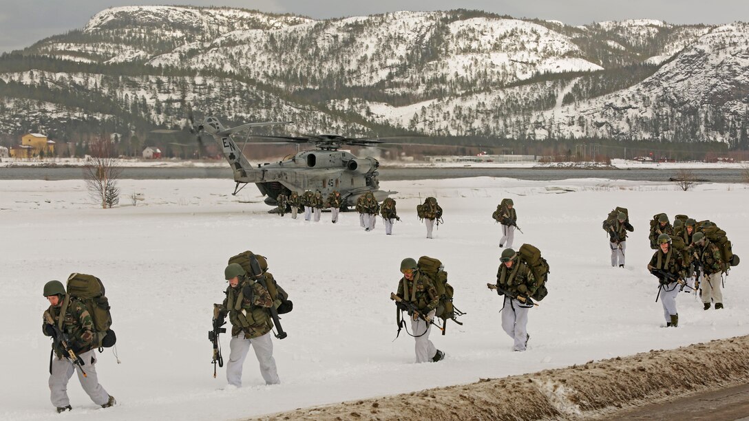 Norwegian soldiers, U.S. Marines, Dutch and U.K. Royal Commandos do an integrated air insert during a training event for Exercise Cold Response 16, March 3, 2016 around the city of Namsos, Norway. The cold-weather environment of Norway challenges the integration of air, land and sea capabilities from 13 NATO allies and partners while improving their collective capacity to respond and operate as a team.