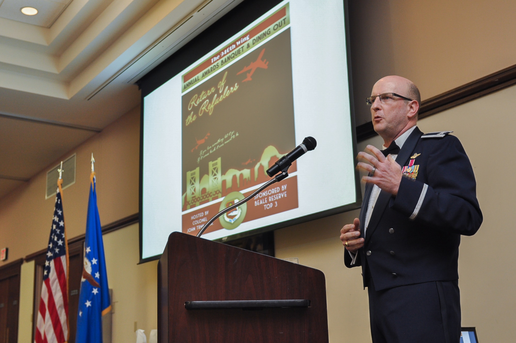 Col. Christopher Amend, 940th Wing Chief of Program Integration gave remarks about the history and way forward for the 940th Wing during the Annual Awards Banquet and Dining Out at Recce Point Club February 6th, 2016 at Beale Air Force Base, California. Amend spoke of the 940th Wing's resiliency to changes throughout the years and how that has prepared them for the next transition soon to come. (U.S. Air Force Photo/ Tech. Sgt. Heather Skinkle) 
