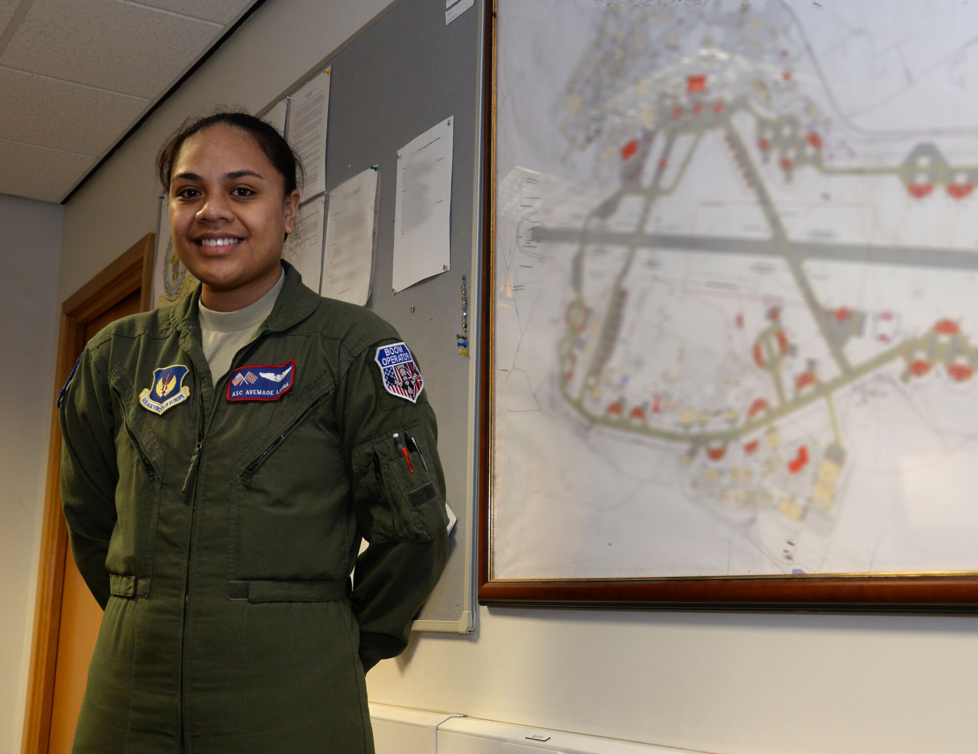 U.S. Air Force Airman 1st Class Avemaoe Liaiga, 351st Air Refueling Squadron boom operator, poses for a photograph Feb. 25, 2016, on RAF Mildenhall, England. RAF Mildenhall is Liaiga’s first base serving her nation. (U.S. Air Force photo by Gina Randall/Released)