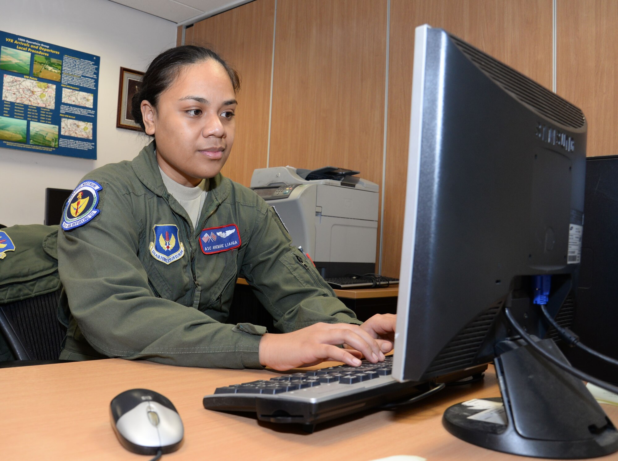U.S. Air Force Airman 1st Class Avemaoe Liaiga, 351st Air Refueling Squadron boom operator, completes online training requirements, Feb. 25, 2016, on RAF Mildenhall, England. Liaiga’s main role is to provide inflight refueling, in addition to other duties in her squadron. (U.S. Air Force photo by Gina Randall/Released)