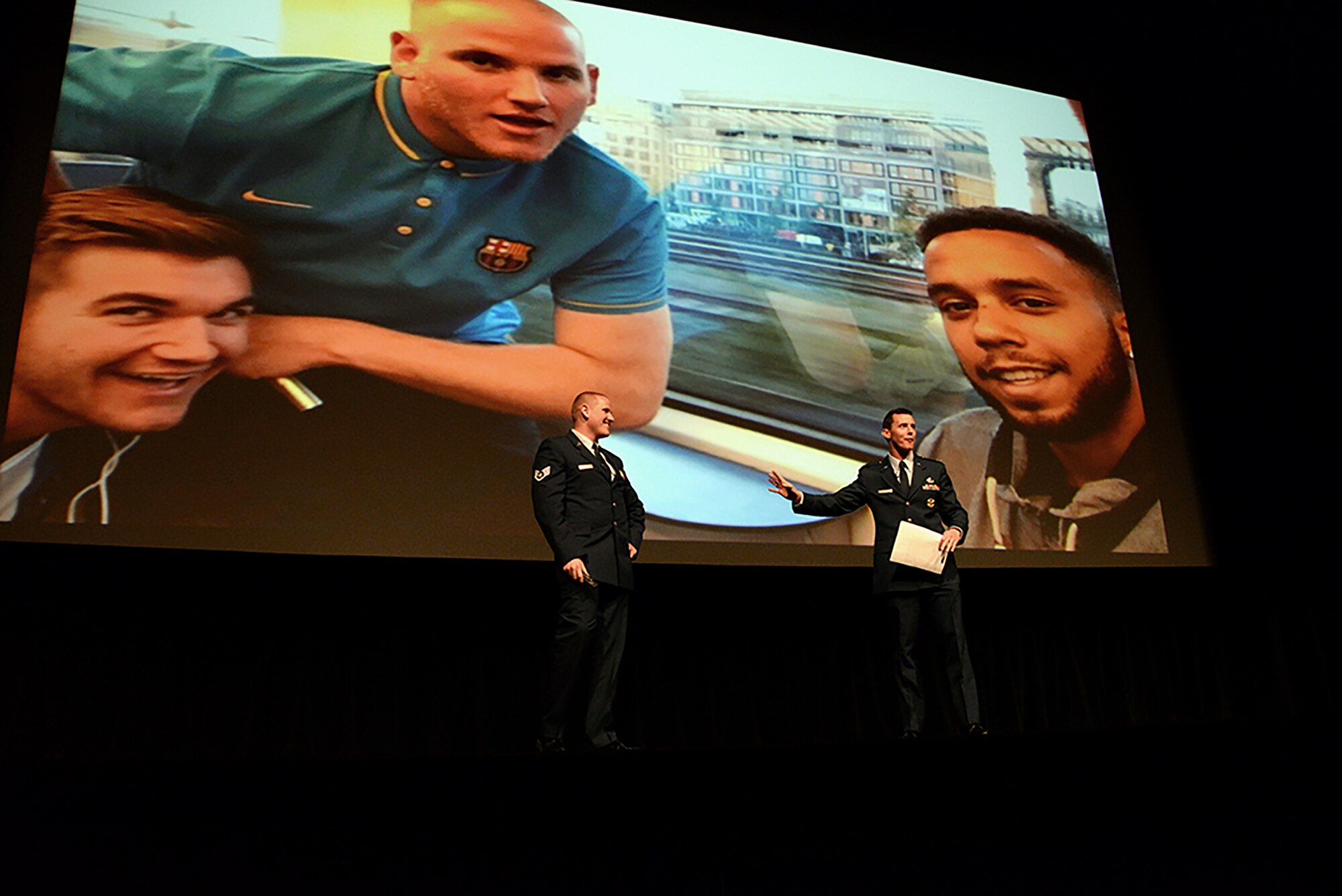 Staff Sgt,. Spencer Stone serves as the keynote speaker Feb. 25 at the Air Force Academy, Colo. Stone told his story about disarming, a terrorist during the August 2015 attack aboard a Paris-bound train. (U.S. Air Force photo by Staff Sgt. Charles Rivezzo)