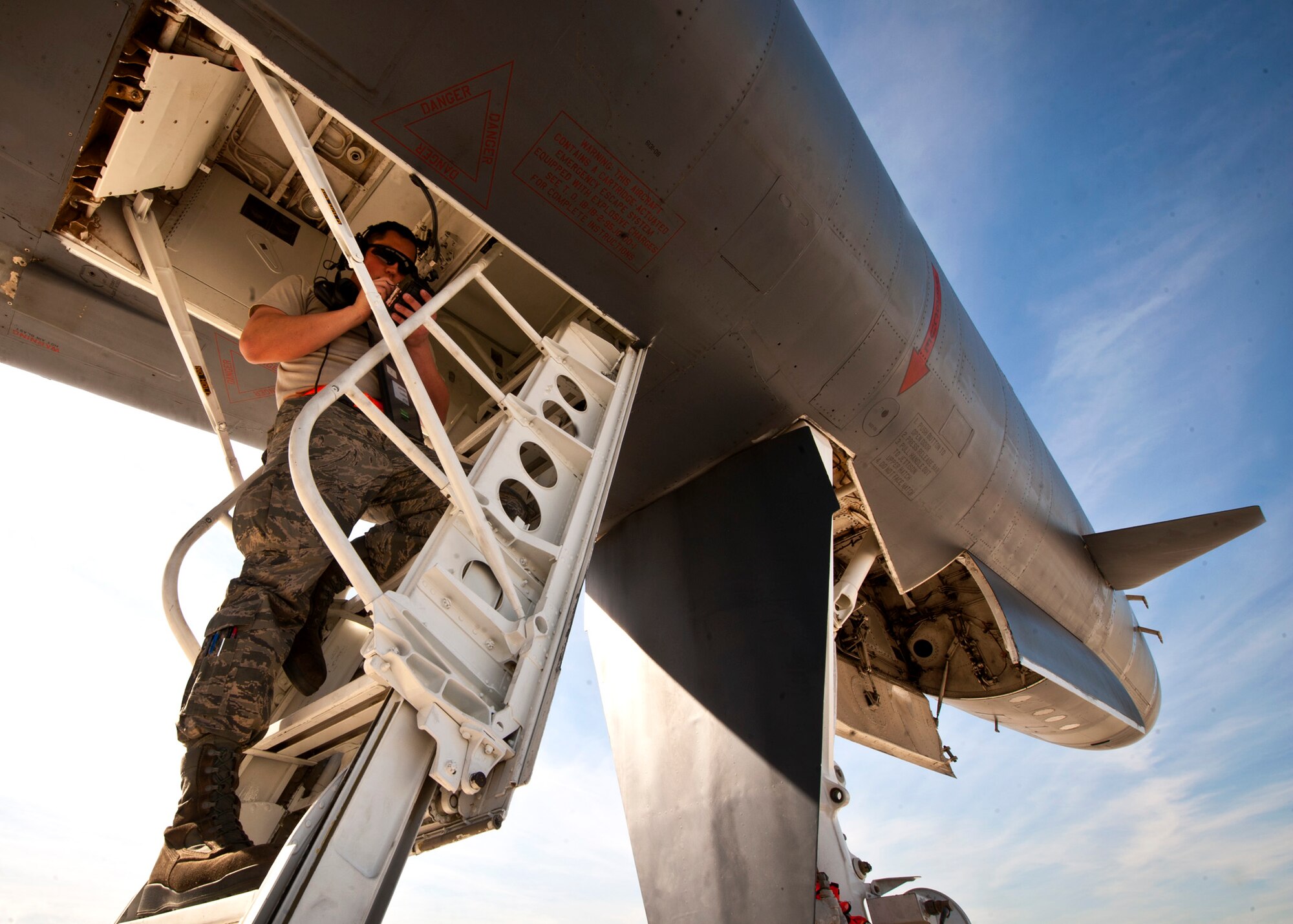 Senior Airman Cameron Docksteader, Offensive Avionics Technician  assigned to the 28th Aircraft Maintenance Squadron, performs pre-flight checks on a B-1 bomber prior to a Red Flag 16-2 training sortie at Nellis Air Force Base, Nev., March 3, 2016. Exhaustive efforts are made by ground crew members to ensure the operability of their assigned aircraft and in turn, the safety of the aircrew. (U.S. Air Force photo by Senior Airman Joshua Kleinholz)