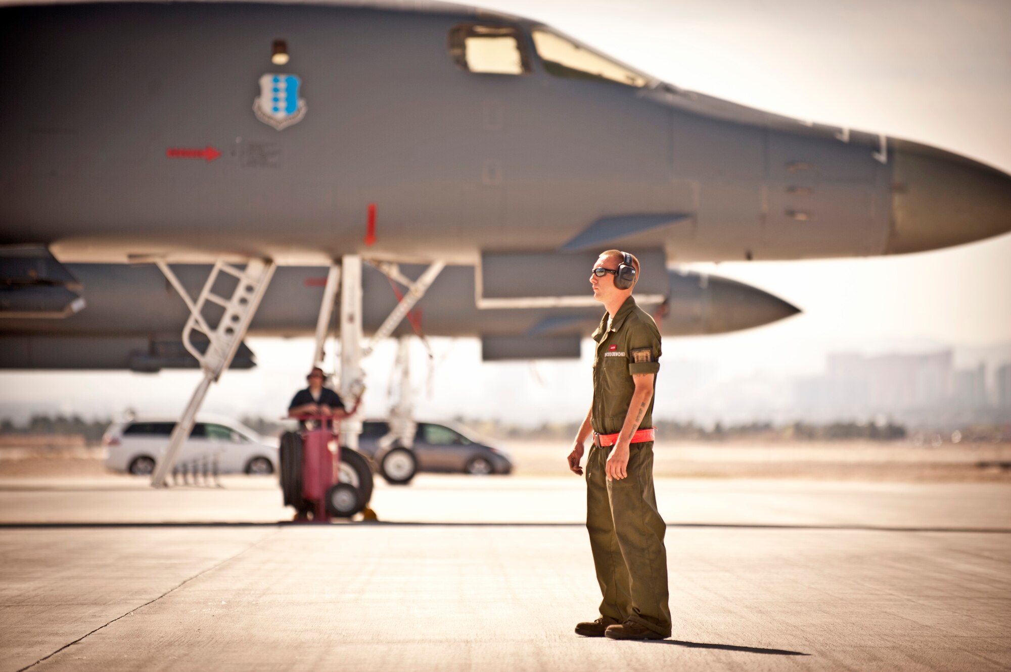 Staff Sgt. Joshua Free, a Dedicated Crew Chief assigned to the 28th Aircraft Maintenance Squadron, monitors pre-flight checks on a B-1 bomber prior to a Red Flag 16-2 training sortie at Nellis Air Force Base, Nev., March 3, 2016. Red Flag exercises simulate a conflict environment in which maintainers must work diligently around the clock to ensure the safety and operability of their assigned aircraft.  (U.S. Air Force photo by Senior Airman Joshua Kleinholz)