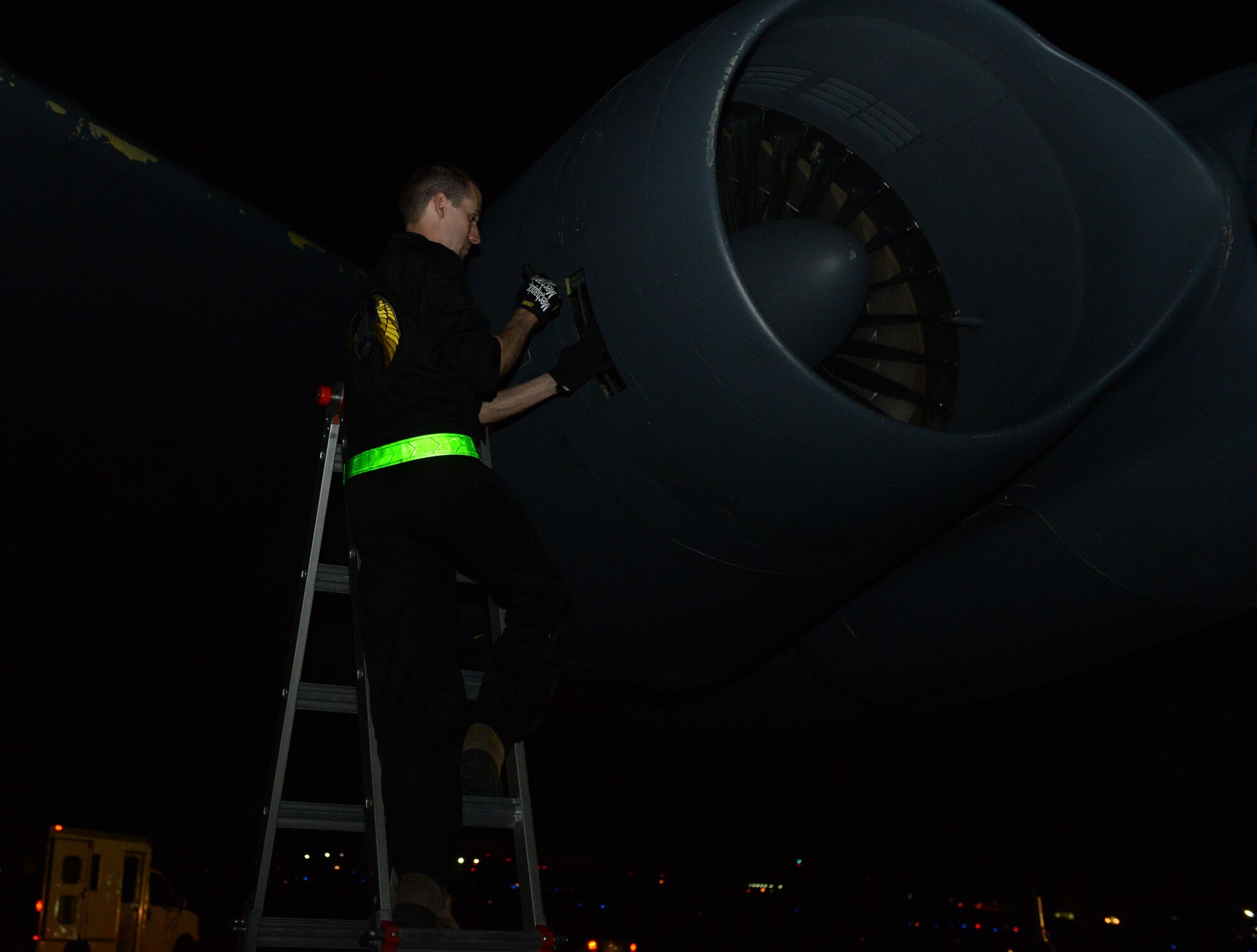 Staff Sgt. Nicholas Tullis, 36th Expeditionary Aircraft Maintenance Squadron crew chief, performs an engine inlet and exhaust inspection on a B-52 Stratofortress supporting the continuous bomber presence March 3, 2016, at Andersen Air Force Base, Guam. CBP missions began March 2004 and are designed to enhance regional security and provide reassurance to allies and partners that the United States is capable to defend its national security interests in the Indo-Asia-Pacific region. (U.S. Air Force photo/Airman 1st Class Arielle Vasquez)