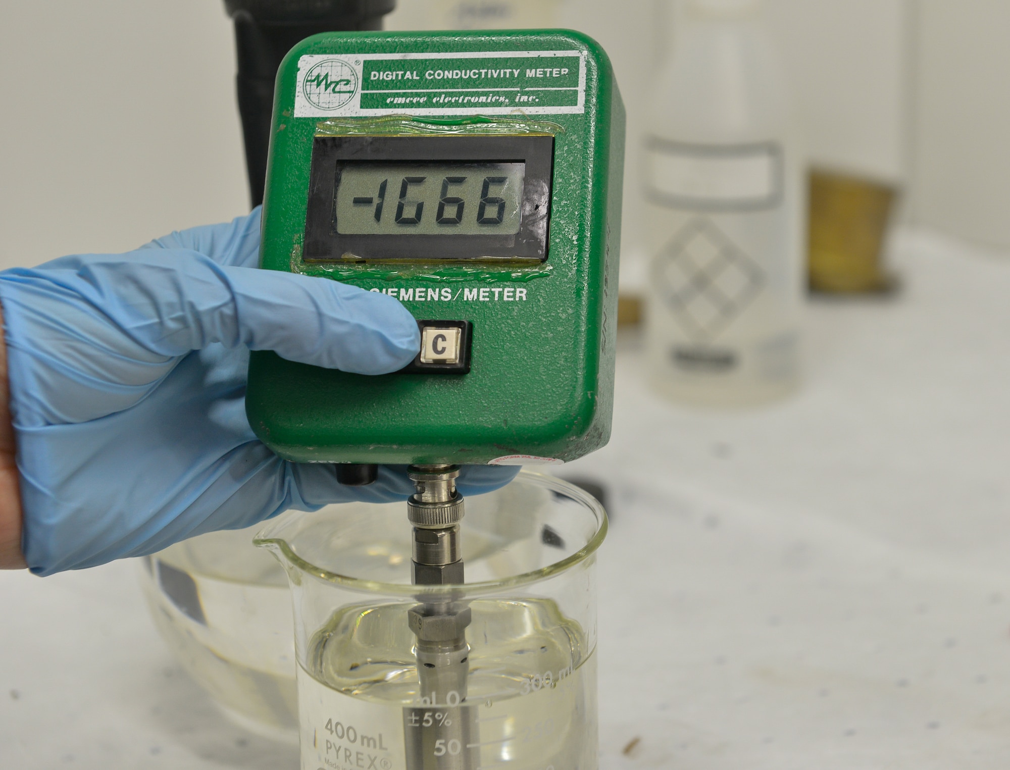 Senior Airman Matthew Jameson, 86th Logistics Readiness Squadron fuels laboratory technician, tests for static dissipater additive in a fuel laboratory Mar. 3, 2016, at Ramstein Air Base, Germany. Airmen at the 86th Logistics Readiness Squadron fuel laboratory test fuel samples for static build up that is caused by a mix of fuels being present in the same sample, which can cause  ignition of the fuel vapor and in the worst cases, explosions. (U.S. Air Force photo/Airman 1st Class Lane T. Plummer)