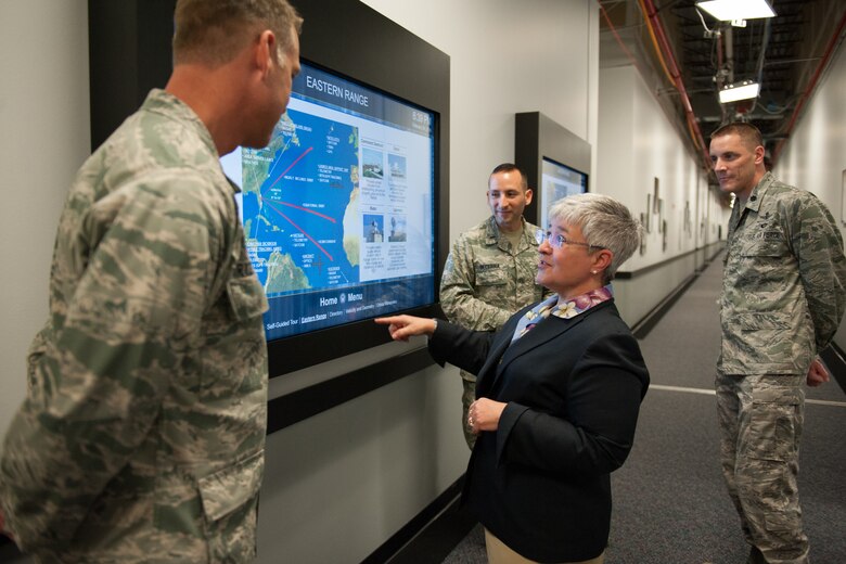 Patricia J. Zarodkiewicz, Administrative Assistant to the Secretary of the Air Force, visited and met with several members of the 45th Space Wing at Cape Canaveral Air Force Station, Fla., Feb. 24, 2016. Zarodkiewicz was introduced to the mission and toured facilities, received mission briefings and learned about the day-to-day operations during her tour. (U.S. Air Force photo/Benjamin Thacker) (Released) 