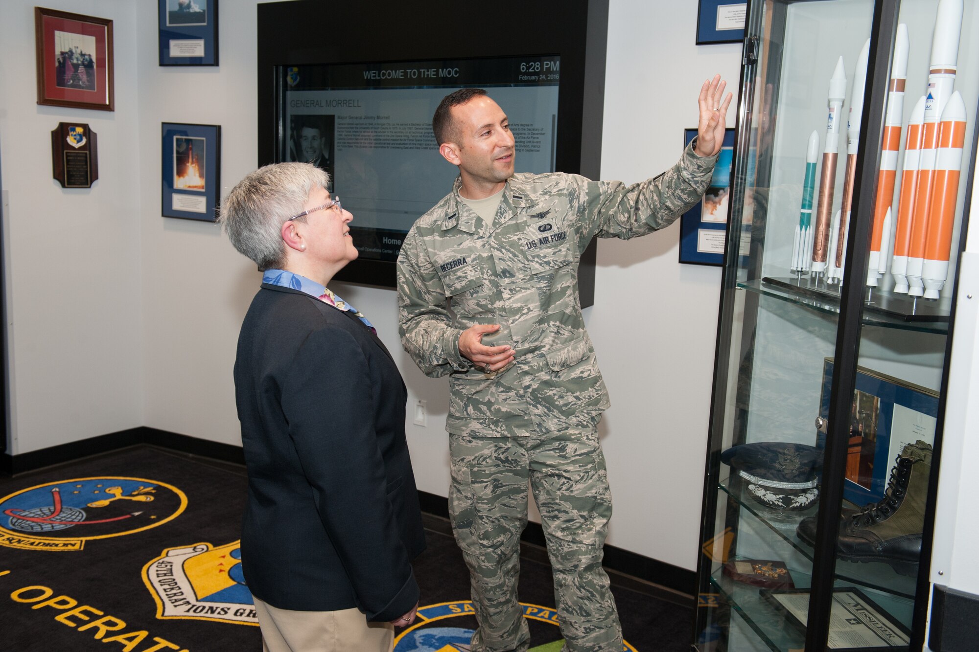 Patricia J. Zarodkiewicz, Administrative Assistant to the Secretary of the Air Force, visited and met with several members of the 45th Space Wing at Cape Canaveral Air Force Station, Fla., Feb. 24, 2016. Zarodkiewicz was introduced to the mission and toured facilities, received mission briefings and learned about the day-to-day operations during her tour. (U.S. Air Force photo/Benjamin Thacker) (Released) 