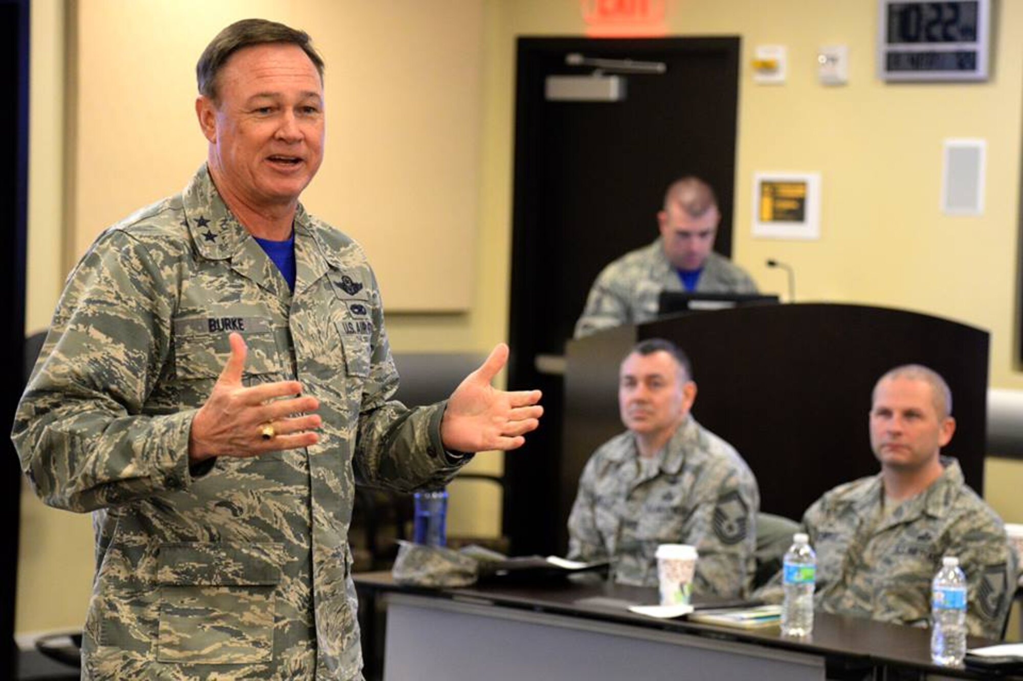 Air Force District of Washington Commander Maj. Gen. Darryl Burke speaks to Chief Master Sergeants and selectees during the closing remarks of the Chief Master Sergeant Orientation Course on Joint Base Andrews, Md., Mar. 4, 2016. More than 40 newly-minted chiefs from the National Capital Region are attending this week-long comprehensive orientation designed to engage them in conversations which will help them excel in their new leadership positions. (U.S. Air Force photo/Tech Sgt. Matt Davis)