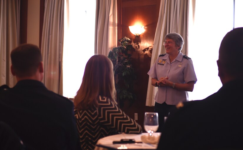 Maj. Gen. Linda Urrutia-Varhall, Intelligence, Surveillance, and Reconnaissance assistant deputy chief of staff speaks during the Women’s History Month Luncheon at The Club at JBA, here, March 3, 2016. Urrutia-Varhall shed light on the vast percentage difference between enlisted men and women. In addition, opening combat positions to females, the percentage of females in the military, and her personable approach were among her topics. (U.S. Air Force photo by Senior Airman Mariah Haddenham/Released)