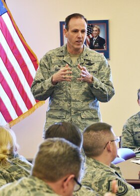 120th Airlift Wing Commander Col. Lee Smith discusses Enlisted Performance Report stratification with Airmen during a brown bag lunch held in the wing dining facility Feb. 24, 2016. Col. Smith plans to have a brown bag lunch event held on base at least once a month. (U.S. Air National Guard photo by Senior Master Sgt. Eric Peterson)