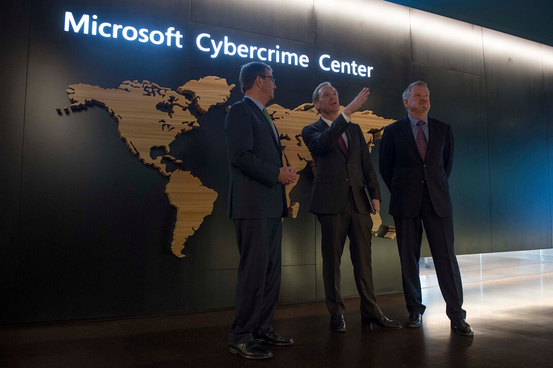 Defense Secretary Ash Carter tours the Microsoft Cybercrime Center in Seattle, March 3, 2016. Carter spoke at a Microsoft-hosted breakfast as part of his efforts to strengthen ties between the Department of Defense and the tech community. DoD photo by Navy Petty Officer 1st Class Tim D. Godbee
