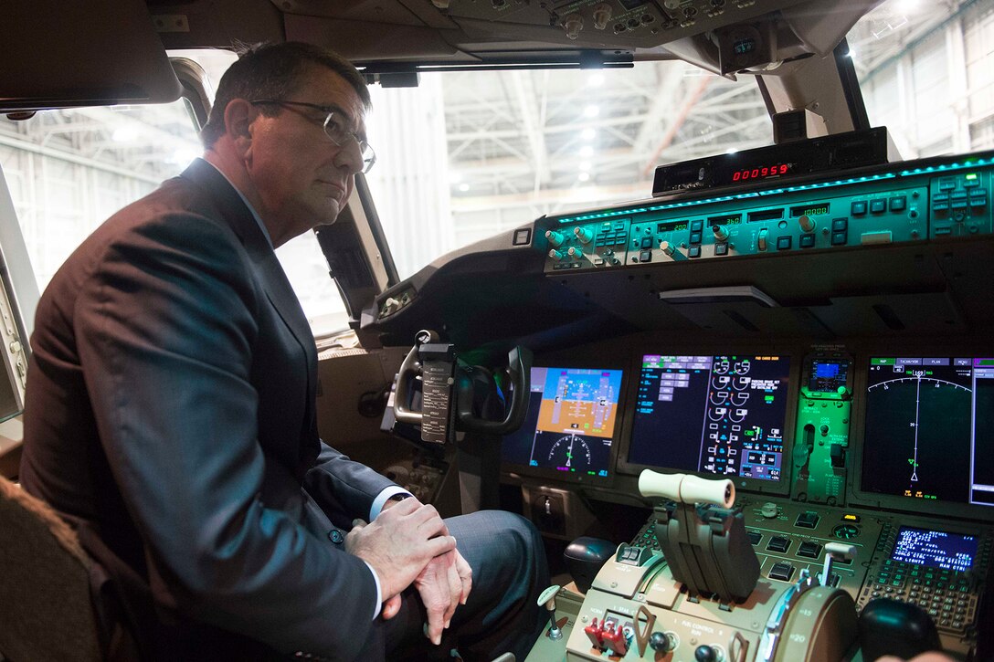 Defense Secretary Ash Carter tours a Boeing KC-46 aircraft at the Boeing facilities in Seattle, March 3, 2016. Carter is in Seattle to strengthen ties between the Department of Defense and the tech community DoD photo by Navy Petty Officer 1st Class Tim D. Godbee  