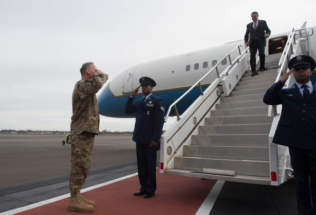 Defense Secretary Ash Carter arrives on Joint Base Lewis-McChord, Wash., March 4, 2016, for meetings and a talk with troops whose posture and power projection capabilities play a pivotal role in DoD's rebalance to the Asia-Pacific. DoD photo by Navy Petty Officer 1st Class Tim D. Godbee