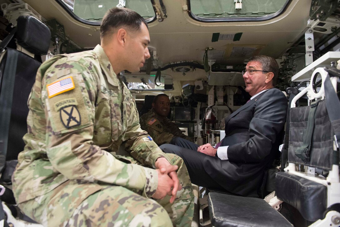 Defense Secretary Ash Carter speaks with troops assigned to the 62nd Airlift Wing at Joint base Lewis-McChord, Wash., March 4, 2016. DoD photo by Navy Petty Officer 1st Class Tim D. Godbee