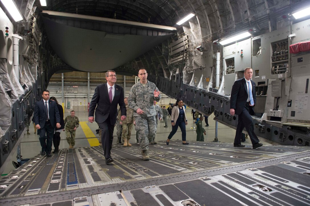 Defense Secretary Ash Carter tours a C-17 during a visit to Joint base Lewis-McChord, Wash., March 4, 2016. DoD photo by Navy Petty Officer 1st Class Tim D. Godbee