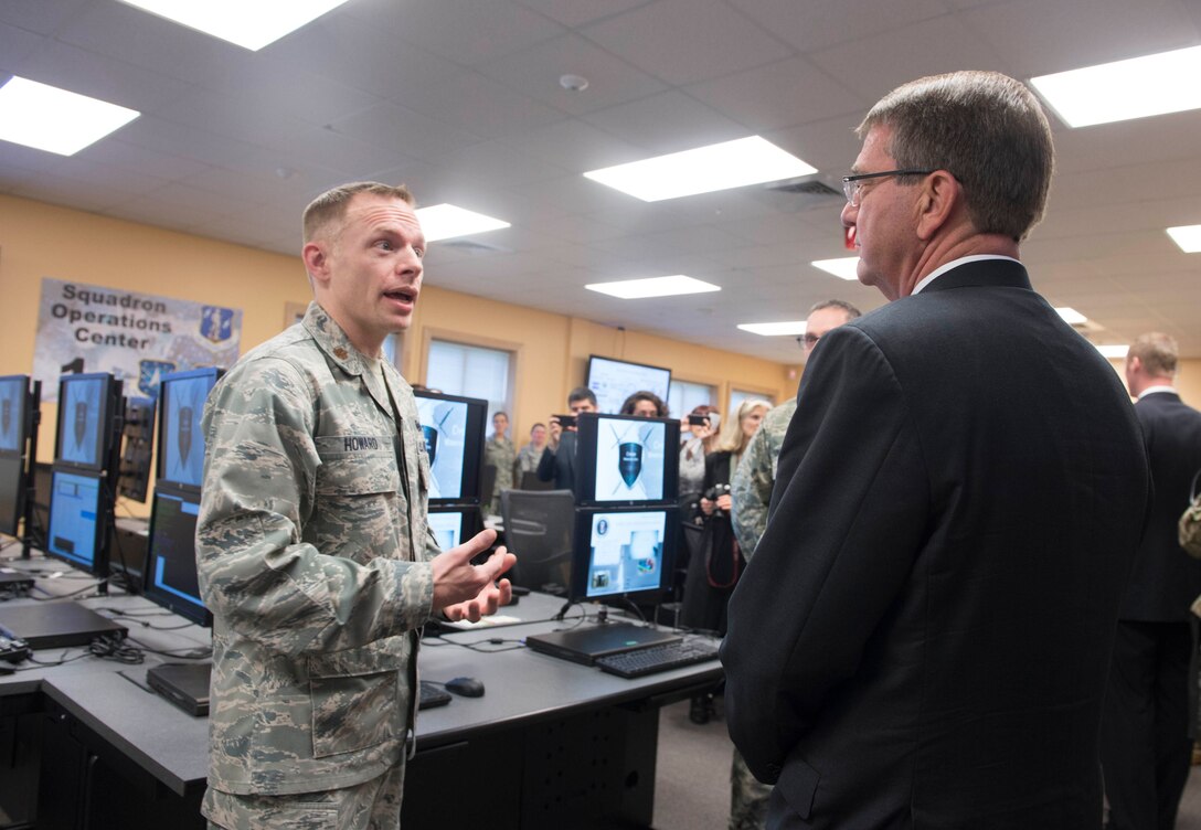 Defense Secretary Ash Carter receives a brief on the capabilities of the National Guard Cyber Unit on Joint base Lewis-McChord, Wash., March 4, 2016. DoD photo by Navy Petty Officer 1st Class Tim D. Godbee