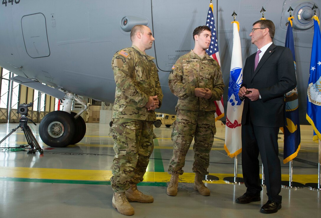 Defense Secretary Ash Carter meets with Army Sgt. First Class Hastings, left, and Army Sgt. Campbell, both wounded in Afghanistan, during a visit to Joint base Lewis-McChord, Wash., March 4, 2016. DoD photo by Navy Petty Officer 1st Class Tim D. Godbee