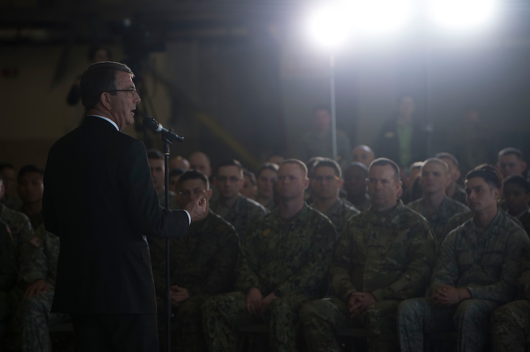 Defense Secretary Ash Carter addresses troops serving on Joint Base Lewis-McChord, Wash., March 4, 2016, whose posture and power projection capabilities play a pivotal role in DoD's rebalance to the Asia-Pacific. DoD photo by Navy Petty Officer 1st Class Tim D. Godbee