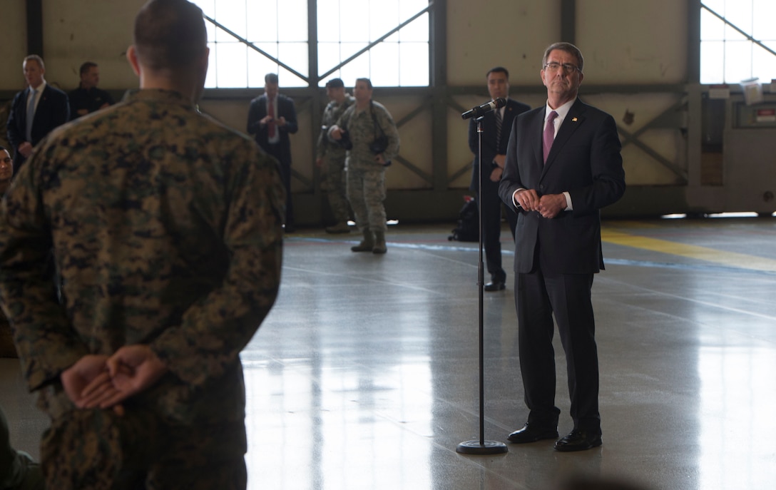 Defense Secretary Ash Carter addresses troops serving on Joint Base Lewis-McChord, Wash., March 4, 2016, whose posture and power projection capabilities play a pivotal role in DoD's rebalance to the Asia-Pacific. DoD photo by Navy Petty Officer 1st Class Tim D. Godbee