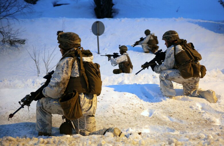 Marines with 2nd Low Altitude Air Defense Battalion post security in Namsos, Norway, March 3, 2016, during Exercise Cold Response 16. The landing reinforced the unit’s capabilities of operating in winter terrain and cold-weather environments. During Cold Response, 13 NATO allies and partner nations and about 15,000 troops enhance their skill sets and strengthen their bonds.