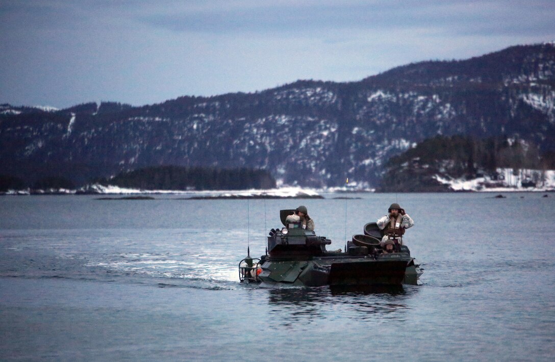 Marines with 2nd Assault Amphibian Battalion navigate a fjord in Namsos, Norway, March 3, 2016, during Exercise Cold Response 16. The landing reinforced the unit’s capabilities of operating in winter terrain and cold-weather environments. During Cold Response, 13 NATO allies and partner nations and about 15,000 troops enhance their skill sets and strengthen their bonds.