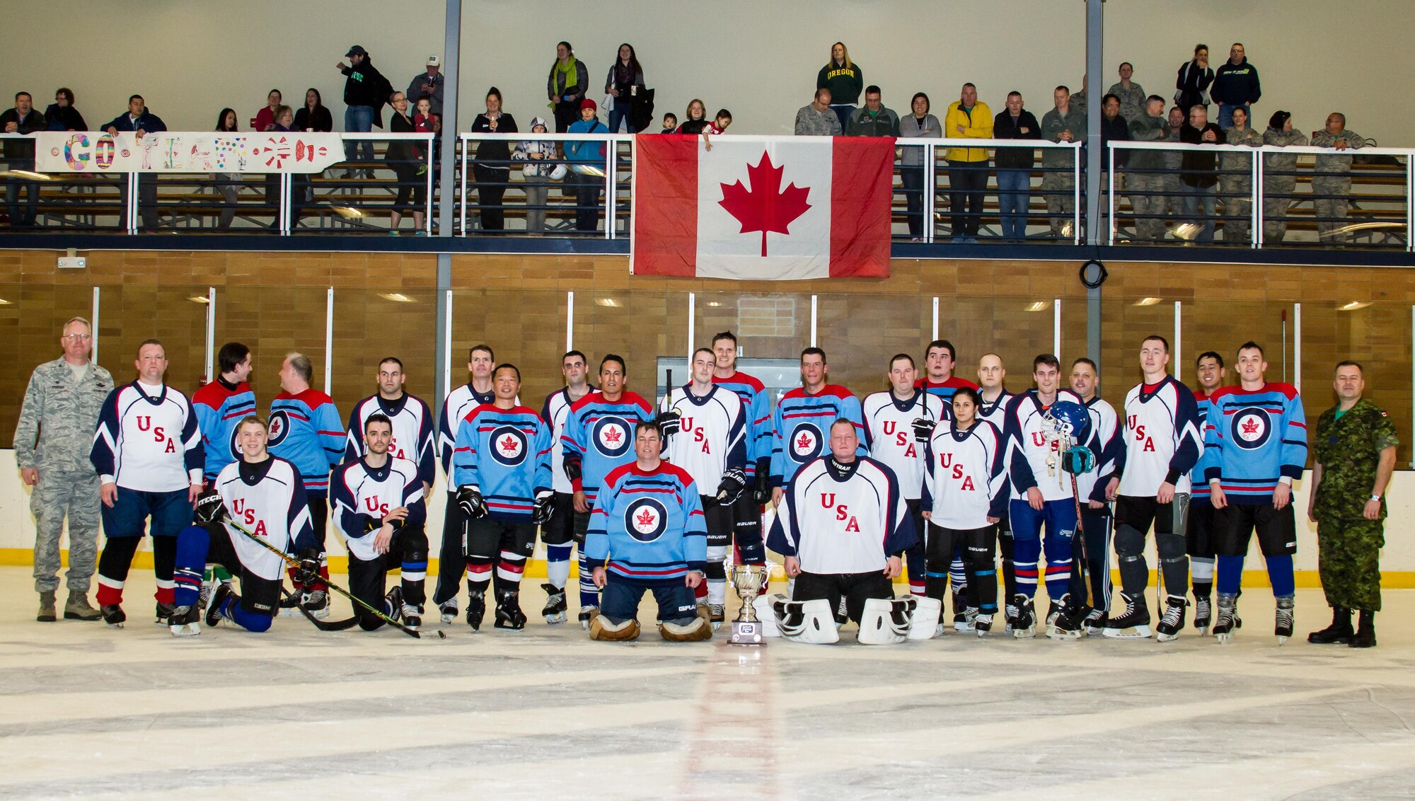 Canada wins 4-3 over US at the 22nd annual Canuck USA Hockey Classic. Canadian Team members include Capt. Sebastien Maheu #1, Brain Kynaston #2, Marcelo Plada #3, Bandon Berkman #4, Lt. Col. Kevin Ng #5, Brig. Gen. Dany Fortin #6, Capt. Jack Nguyen #11, Curtis Berkman #12, Brian Berkman #16, Capt. Denis Dorion #69.  US team members include Staff Sgt. Jennifer SonSon #1, Aaron Andrews #2, Nick Wysong #3, Senior Master Sgt. Gregg Bailey #4, Master Sgt. Mike Delany #5, Major Wayne Oman #6, Capt. Jason Muller #7, Senior Airman Bryan Bein #9, Tech. Sgt. James Bandy #10, Airman 1st Class Shane Key #11, Tech. Sgt. Chris Pavel #12, Tech. Sgt. Matt Berube #13, Senior Master Sgt. John Austin #14, Master Sgt. Ty Henrichsmeger #29. (Courtesy photo by Conrad Neumann III)