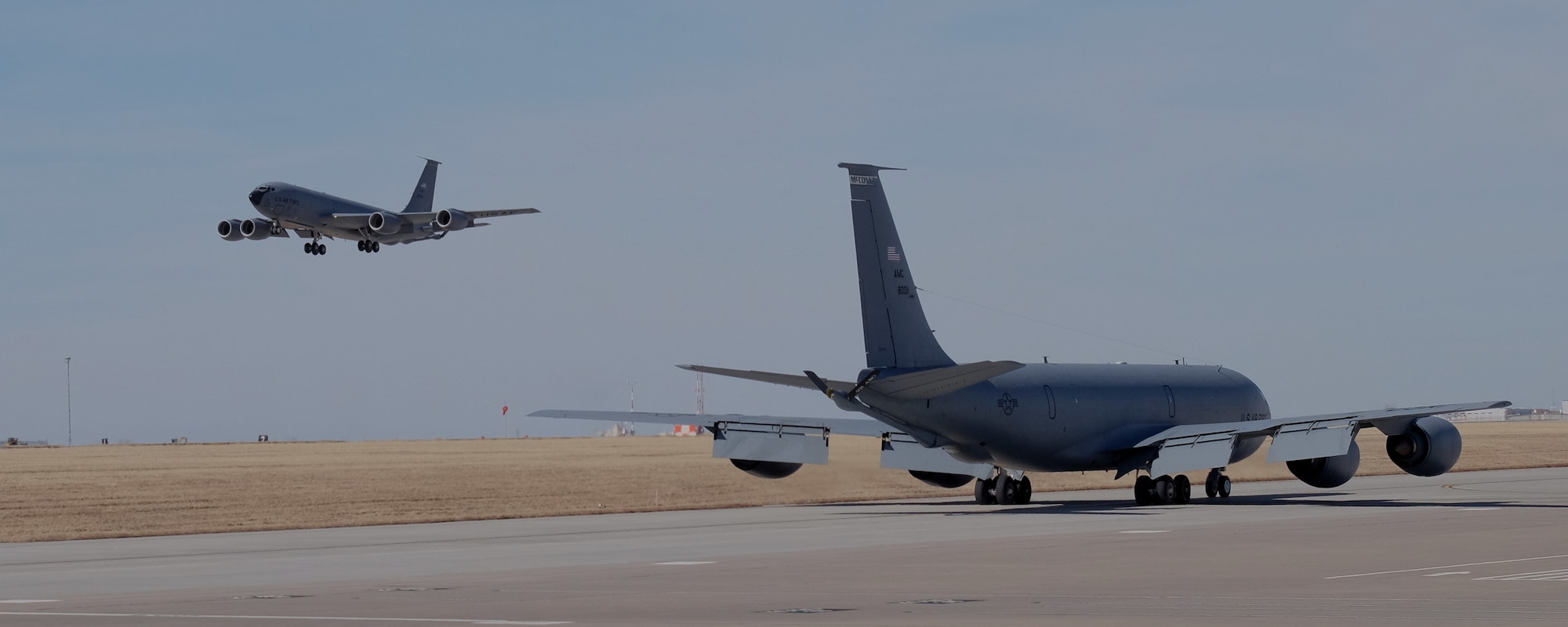 KC-135 Stratotankers land March 5, 2016, on McConnell AFB, Kans. These aircraft participated in the  first flight after the unit was redesignated at the 931st Air Refueling Wing. (U.S. Air Force photo by Senior Airman Preston Webb)