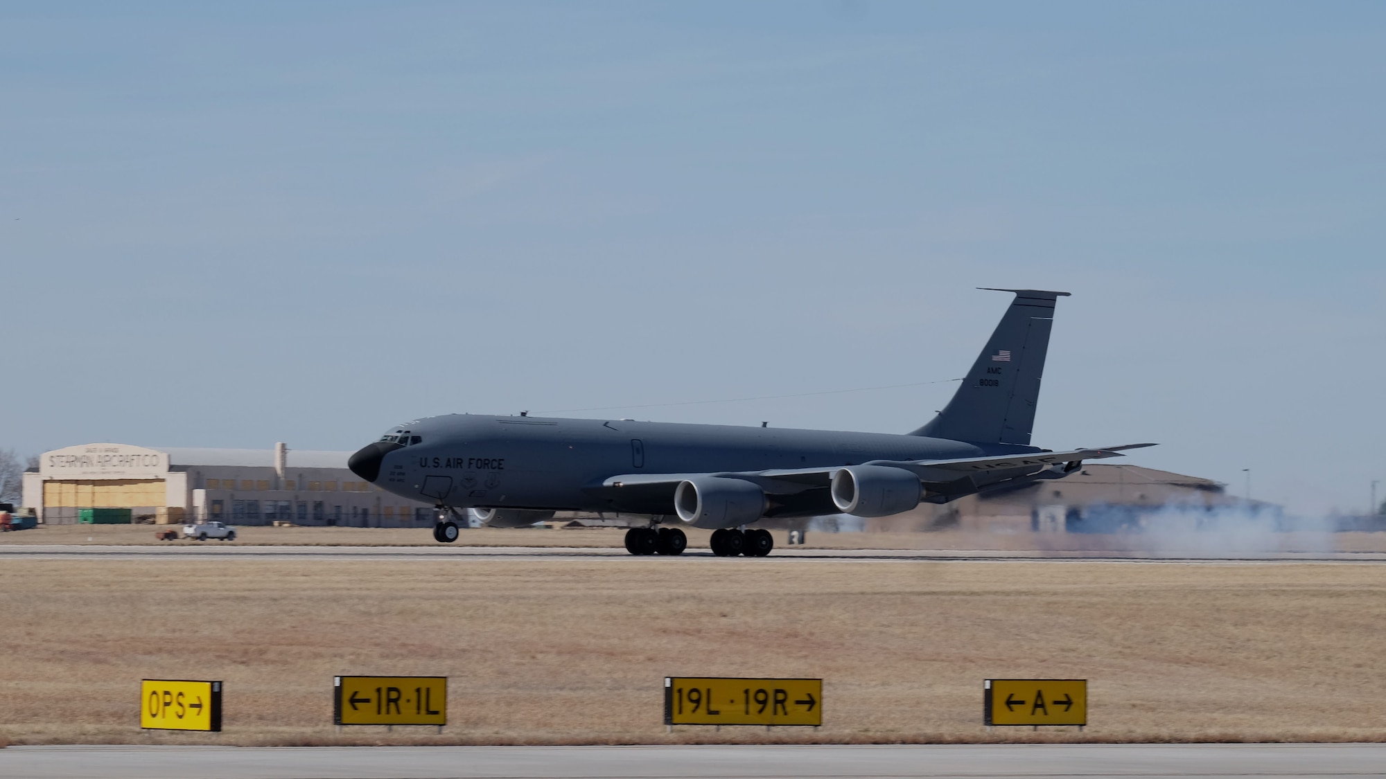 A KC-135 Stratotanker lands March 5, 2016, on McConnell AFB, Kans. The aircraft participated in the  first flight after the unit was redesignated at the 931st Air Refueling Wing. (U.S. Air Force photo by Senior Airman Preston Webb)
