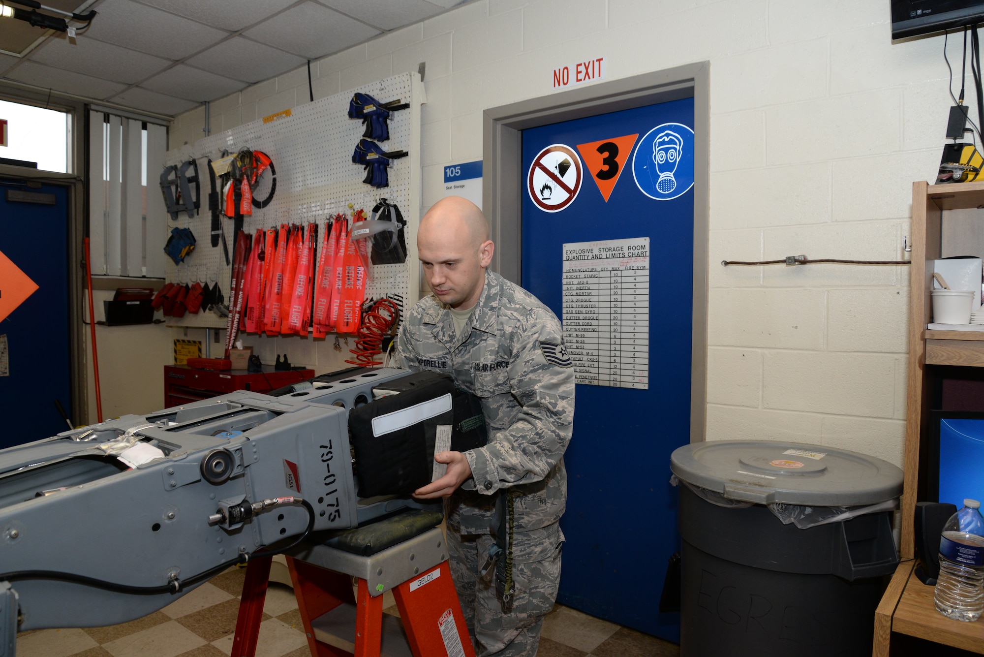 Tech. Sgt. Michael Caporelli, 175th Maintenance Squadron aircrew egress systems specialist works on an ACES II Ejection Seat at Warfield Air National Guard Base, Middle River, Md. Caporelli is the Maryland Air National Guard March Spotlight Airman. (U.S Air National Guard Photo by Airman 1st Class Enjoli Saunders/RELEASED)