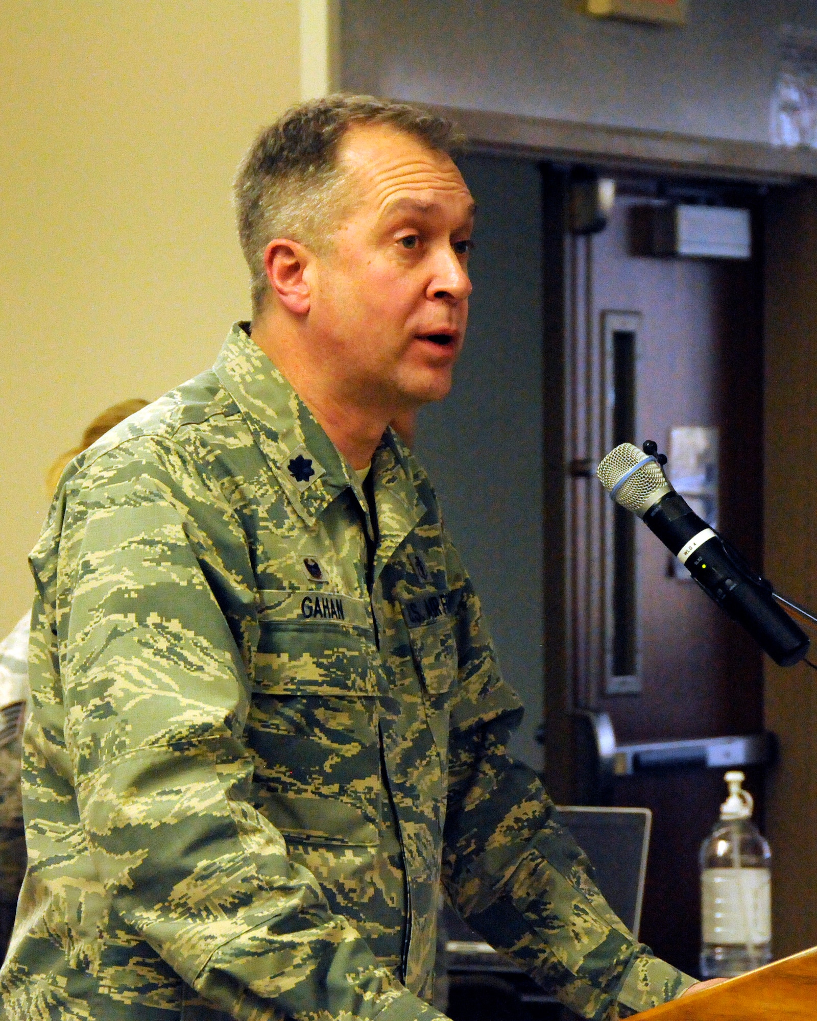 Lt. Col. Brian Gahan addresses unit members of the 182nd Medical Group following an activation ceremony  for 182 MDG Det 1, held Mar. 3, 2016 in Peoria, Ill. Gahan assumed command of the newly formed CERFP detachment. U.S. Air National Guard photo by Tech. Sgt. Todd A. Pendleton  