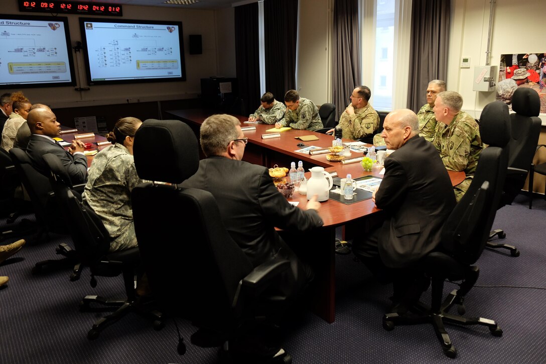 Retired Navy Vice. Adm. Michael LeFever receives the 7th Mission Support Command brief from 7th MSC senior leaders including James Otto, the 7th MSC command executive officer, Mar. 4, 2016 during LeFever's visit to 7th MSC headquarters. LeFever will also share his experience in Humanitarian Assistance and Disaster Response and Partnership Development. 
