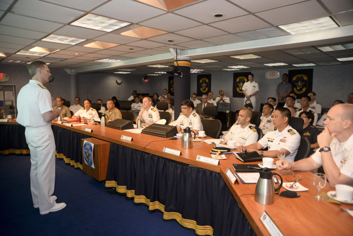 130305-N-CZ848-035 MANILA, Philippines (Mar. 5, 2016) – Vice Adm. Joseph Aucoin, the commander of U.S. 7th Fleet, speaks to U.S. and Filipino service members during bilateral talks held aboard USS Blue Ridge (LCC 19), in Manila Philippines. The bilateral talks between the U.S. and Philippine navies were held to enhance cooperation and strengthen relationships to best provide security and stability in the Indo-Asia Pacific. (U.S. Navy photo by Mass Communication Specialist 2nd Class Jason Kofonow/Released)