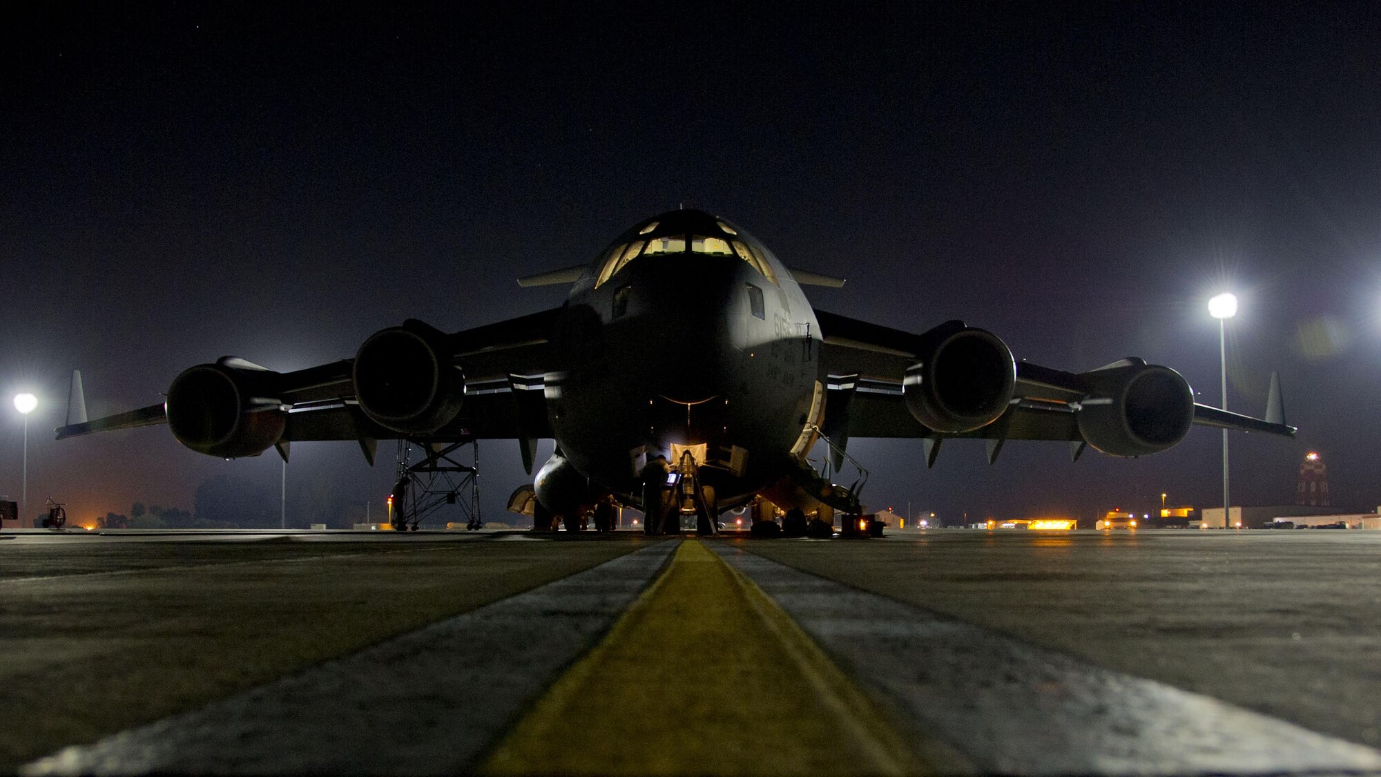 A C-17 Globemaster III rests on the flight line at Naval Station Rota, Spain while being run through an inspection by 446th Aircraft Maintenance Squadron Reservists February 23, 2016. The Reservists were at Rota assisting the 725th Air Mobility Squadron as part of an annual training requirement. (U.S. Air Force Reserve photo by Staff Sgt. Madelyn McCullough)