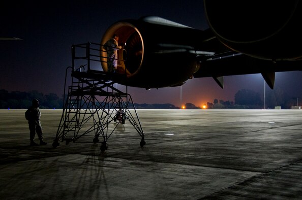 Staff Sgt. Thomas Mariano (left) and Staff Sgt. Kenneth O'Callaghan (right), 446th Aircraft Maintenance Squadron aerospace propulsion specialists, inspect the engines of a C-17 Globemaster III at Naval Station Rota, Spain, February 23, 2016. These engines can produce more than 40,000 pounds of thrust. (U.S. Air Force Reserve photo by Staff Sgt. Madelyn McCullough)