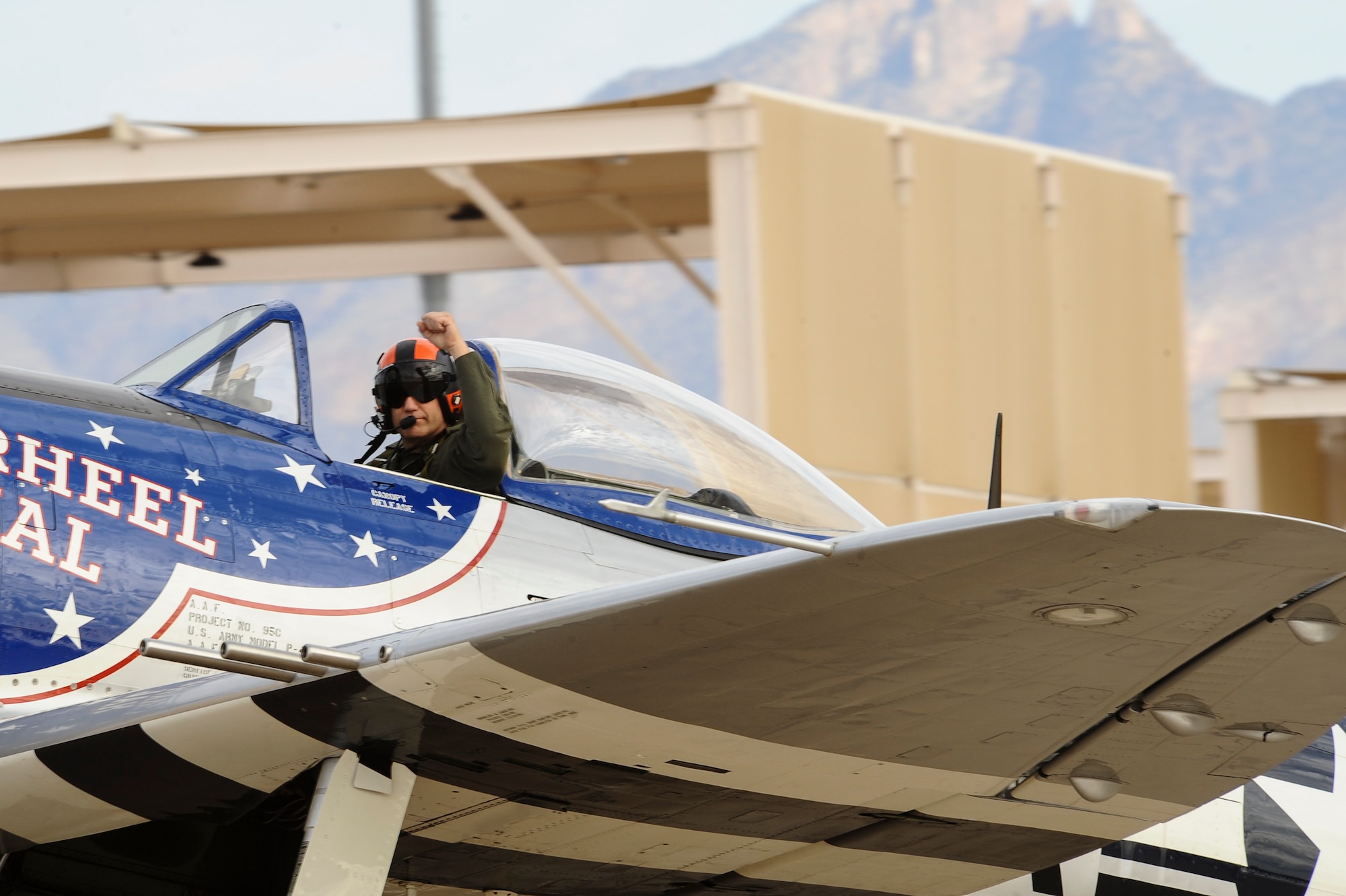 Charles Hainline, P-47 Thunderbolt pilot, prepares to take off during the 2016 Heritage Flight Training and Certification Course at Davis-Monthan Air Force Base, Ariz., March 6, 2016. The annual aerial demonstration training event has been held at D-M since 2001, the course featured aerial demonstrations from historical and modern fighter aircraft. (U.S. Air Force photo by Airman 1st Class Mya M. Crosby/Released)