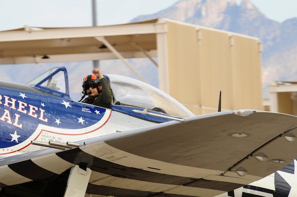 Charles Hainline, P-47 Thunderbolt pilot, prepares to take off during the 2016 Heritage Flight Training and Certification Course at Davis-Monthan Air Force Base, Ariz., March 6, 2016. The annual aerial demonstration training event has been held at D-M since 2001, the course featured aerial demonstrations from historical and modern fighter aircraft. (U.S. Air Force photo by Airman 1st Class Mya M. Crosby/Released)