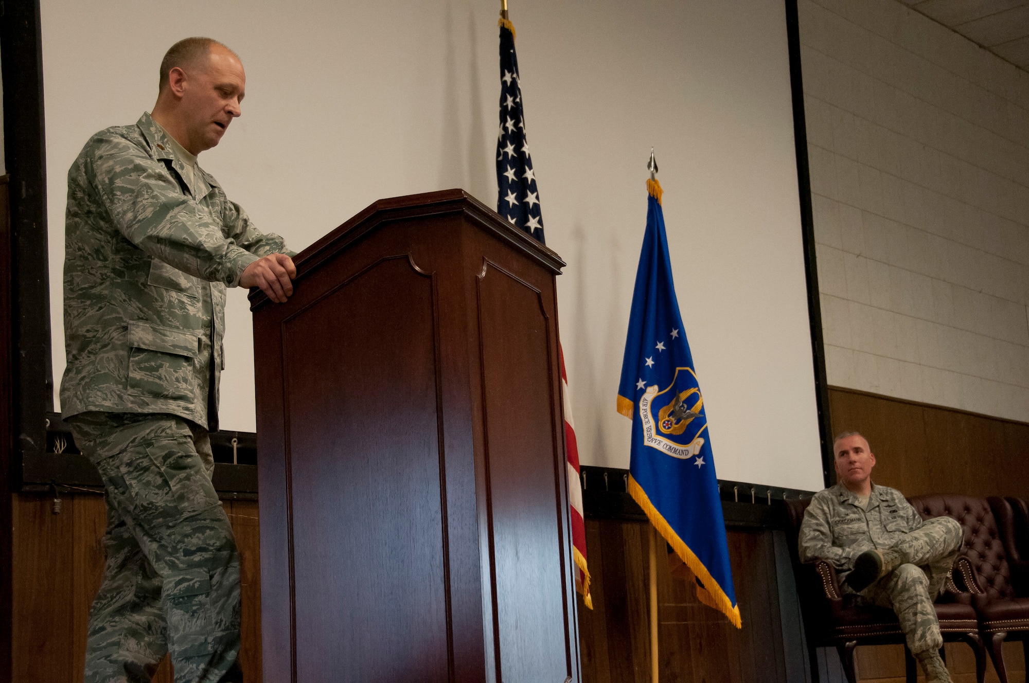 Major Justin O’Brien, commander of the 69th Aerial Port Squadron, Joint Base Andrews, Maryland, speaks to his new squadron after assuming command March 5, 2016. O’Brien is returning to the 69th APS after having served with the squadron twice before as an enlisted Airman and a company grade officer. (U.S. Air Force photo/Staff Sgt. Tiffany Lindemann) 