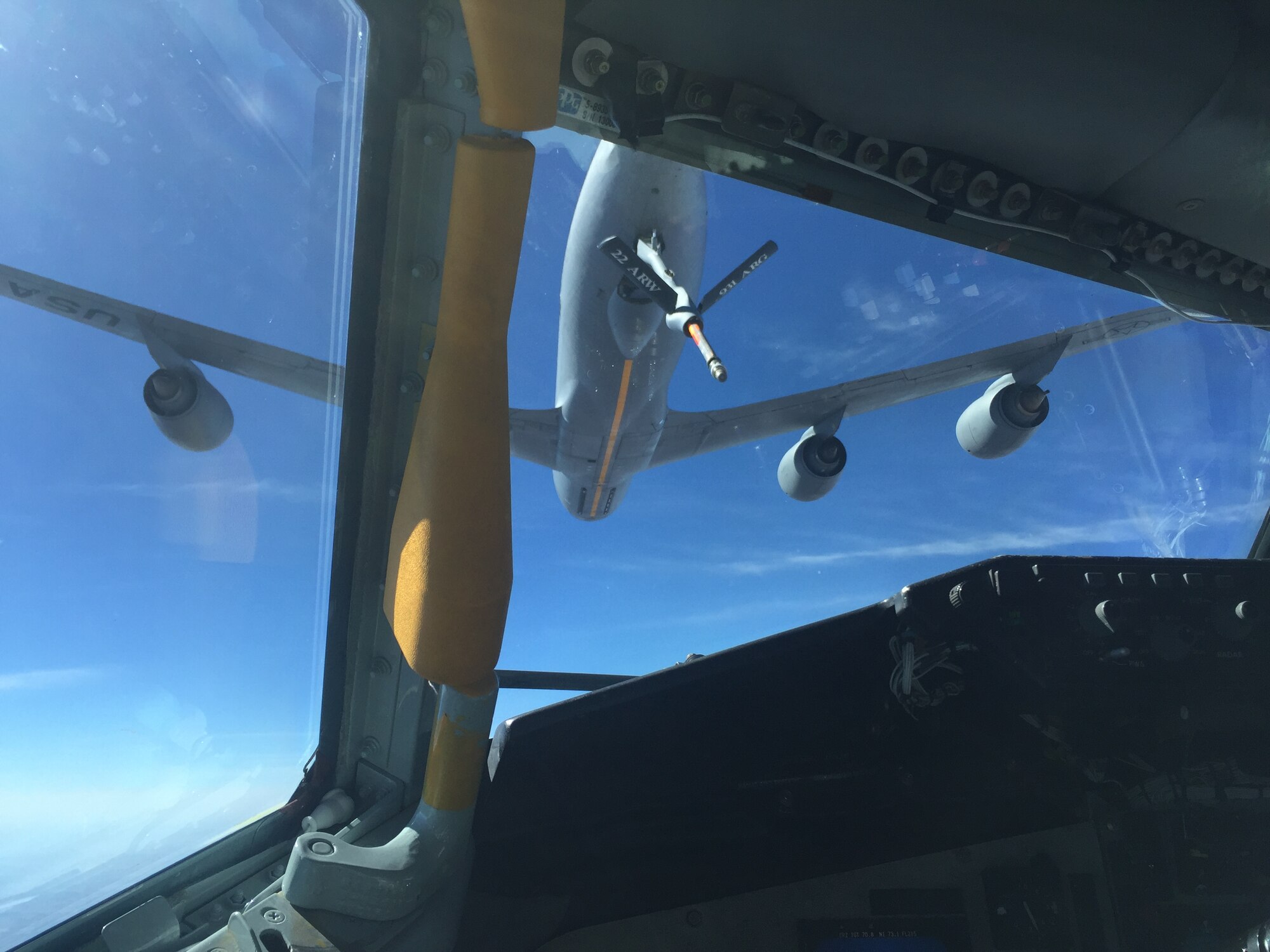 A KC-135 Stratotanker assigned to the 22nd Air Refueling Squadron performs receiver/tanker training during the March Unit Training Assembly, March 5, 2016, McConnell Air Force Base, Kan.  Both KC-135s were operated by a crew of airmen from the 931st Air Refueling Wing. (U.S. Air Force photo by Senior Master Sgt. Ray Lewis)