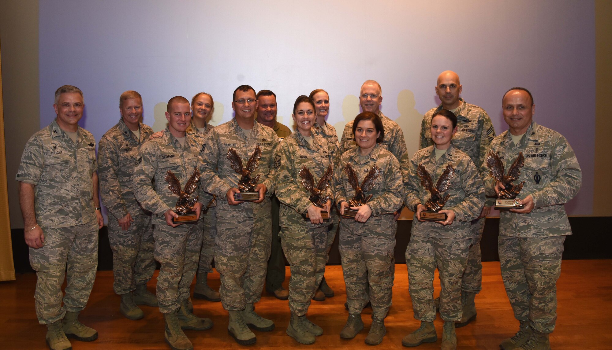 Annual award winners from around the 927th Air Refueling Wing pose for a photo at MacDill Air Force Base, Florida on March 6, 2016. The annual awards ceremony was the first one in 927th Air Refueling Wing history. (U.S. Air Force photo by Senior Airman Xavier Lockley) 