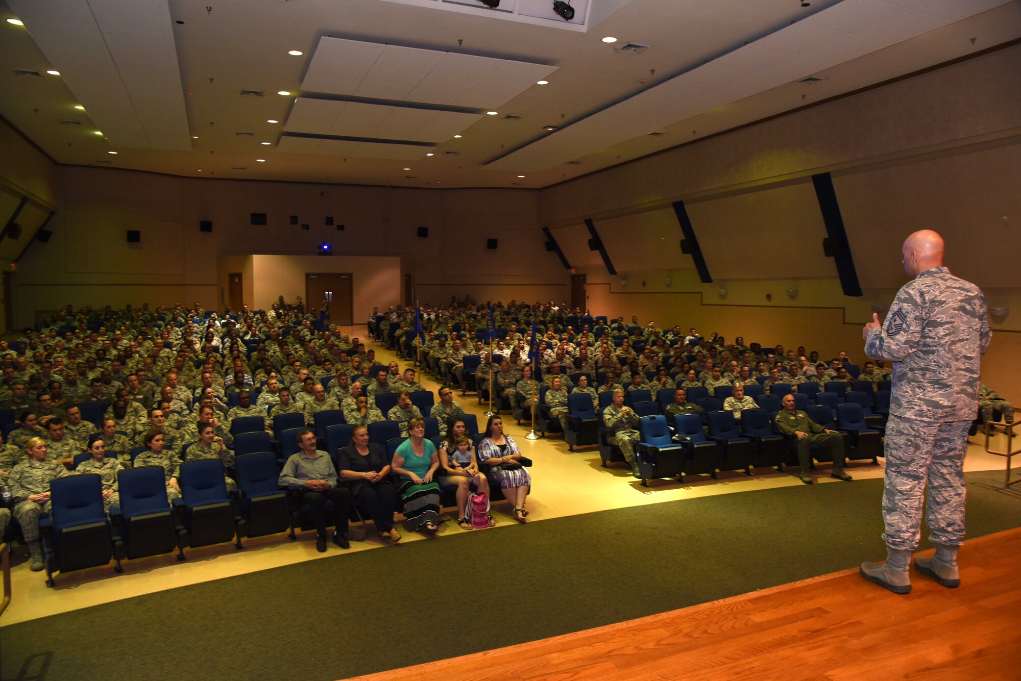 U.S. Air Force Chief Master Sgt. Michael Klausutis addresses the audience during the annual awards ceremony at MacDill Air Force Base, Florida on March 6, 2016. The annual awards ceremony was the first one in 927th Air Refueling Wing history. (U.S. Air Force photo by Senior Airman Xavier Lockley) 