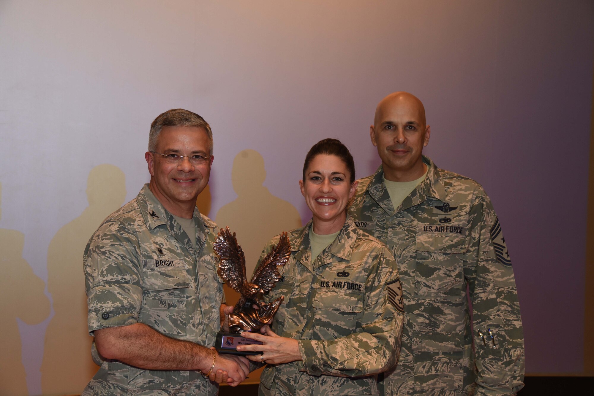 U.S. Air Force Master Sgt. Allison Clark poses for a photo during the annual awards ceremony at MacDill Air Force Base, Florida on March 6, 2016. The annual awards ceremony was the first one in 927th Air Refueling Wing history. (U.S. Air Force photo by Senior Airman Xavier Lockley) 