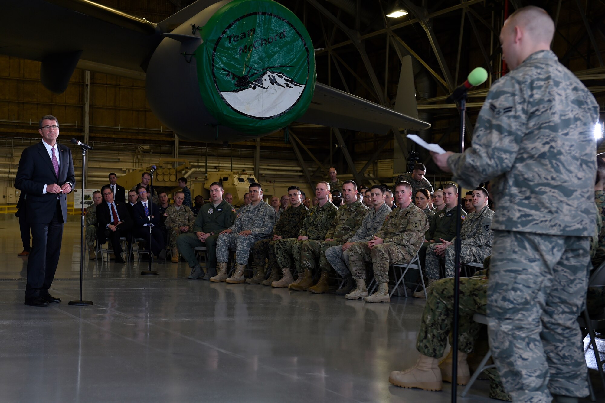 Defense Secretary Ash Carter fields a question from Airman 1st Class Patrick Rooy, 62nd Maintenance Group representative, at Joint Base Lewis-McChord, Wash., March 4, 2016. Carter fielded four questions from the service members including topics on cyber and Pacific Pathways. (U.S. Air Force photo/Tech. Sgt. Tim Chacon) 