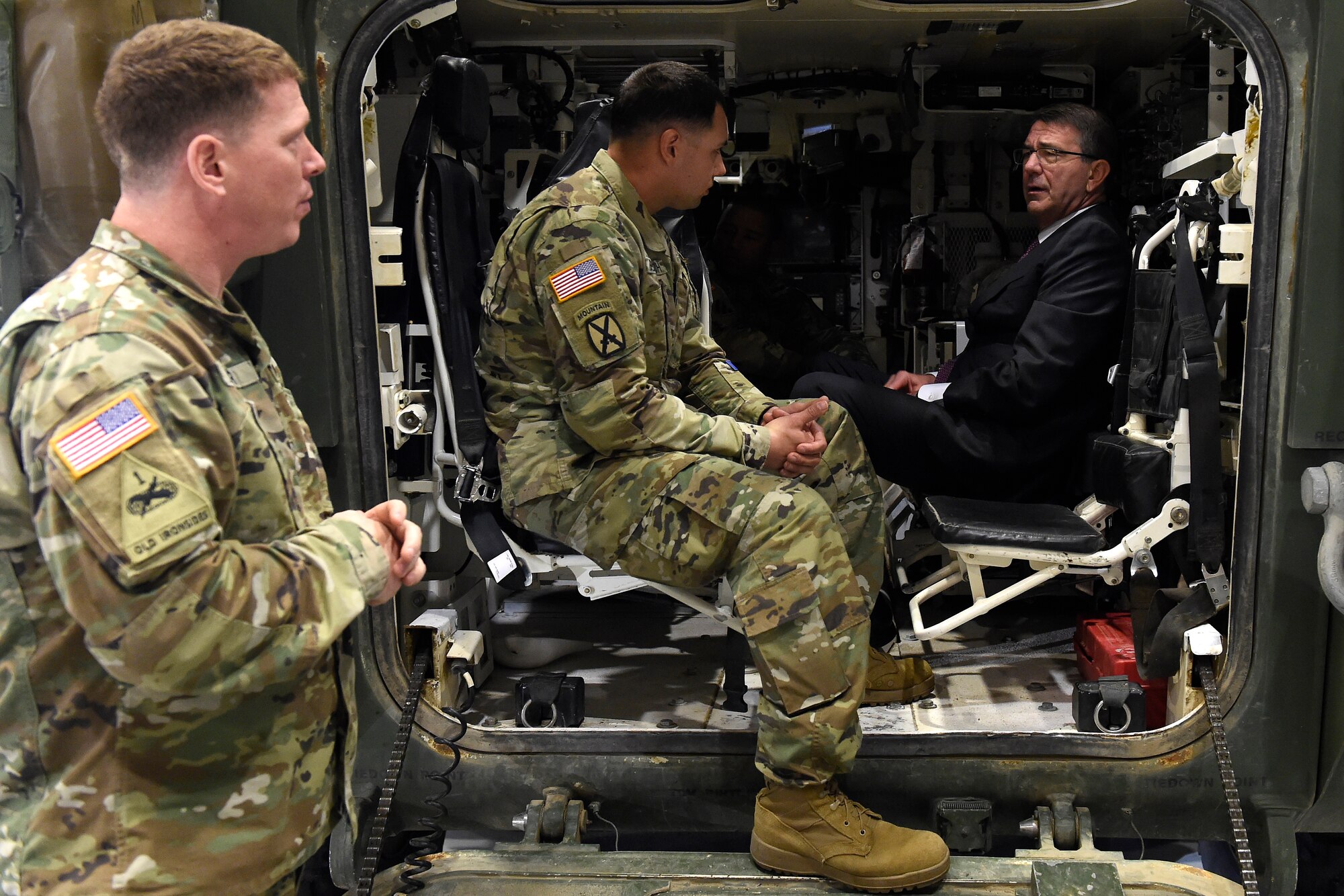 Defense Secretary Ash Carter talks with Soldiers from the 2nd Stryker Brigade, at Joint Base Lewis-McChord, Wash., March 4, 2016. Part of his first stop to JBLM was a joint static display with Soldiers and Airmen that included a C-17 Globemaster III, a Stryker vehicle, a HIMARs vehicle and a visit with the 22nd Special Tactics Squadron and the 1st Air Special Operations Group. (U.S. Air Force photo/Tech. Sgt. Tim Chacon) 